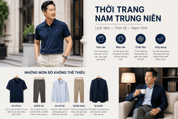 Thời trang nam trung niên với áo polo và quần âu